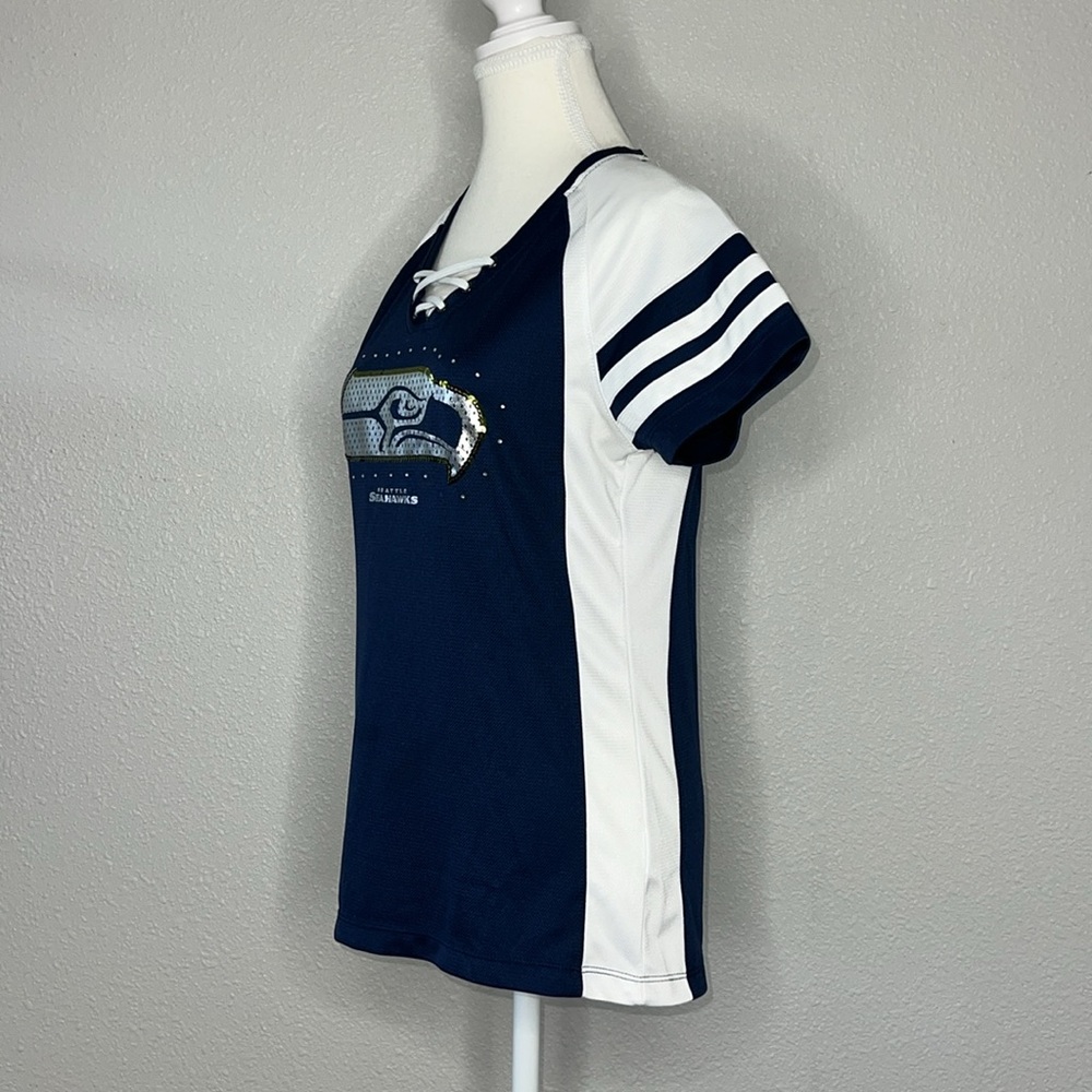 Seattle Seahawks Majestic Women's Lace Up Jersey W/ Sequins & Crystals - Picture 4 of 7